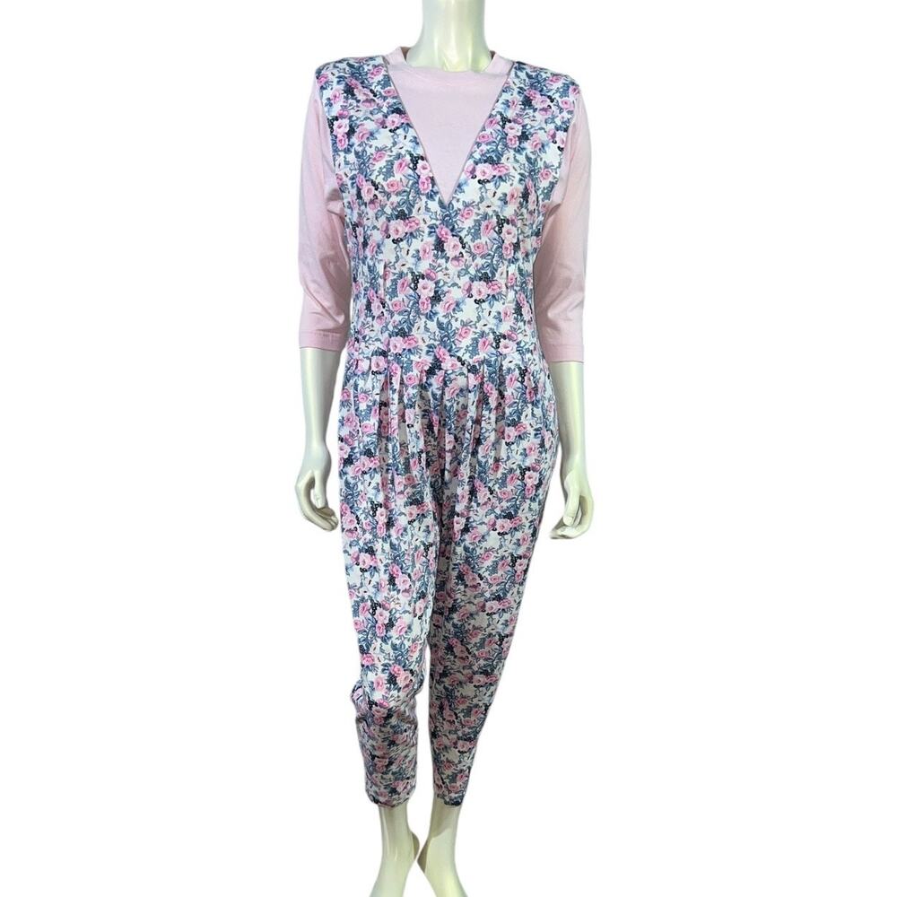 Vintage 90s Long Sleeve Floral Playsuit Romper with Faux Pink Shirt Size 5